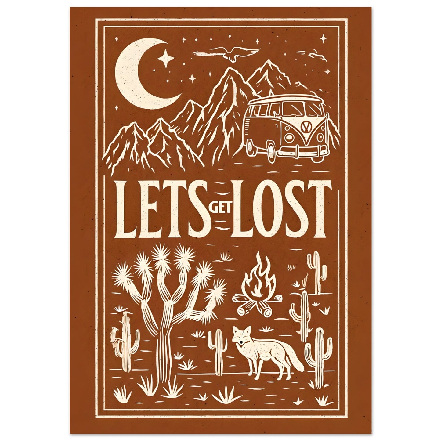 Retro Camper Van Wall Art – Let's Get Lost Desert Adventure Print