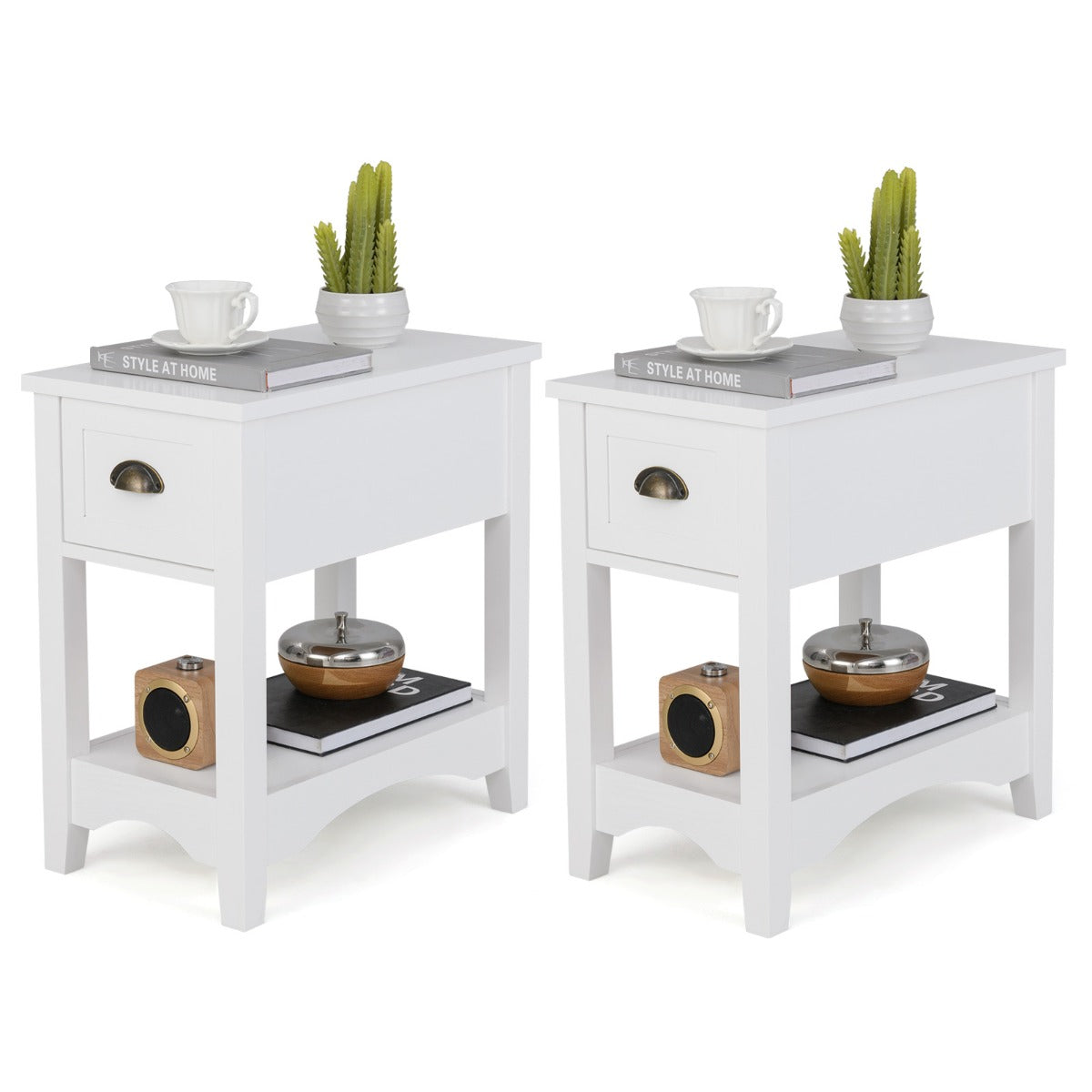 Rectangular Nightstand Set of Two with 1 Drawer 1 Storing Shelf and 4 Solid Rubber wood Legs-Black