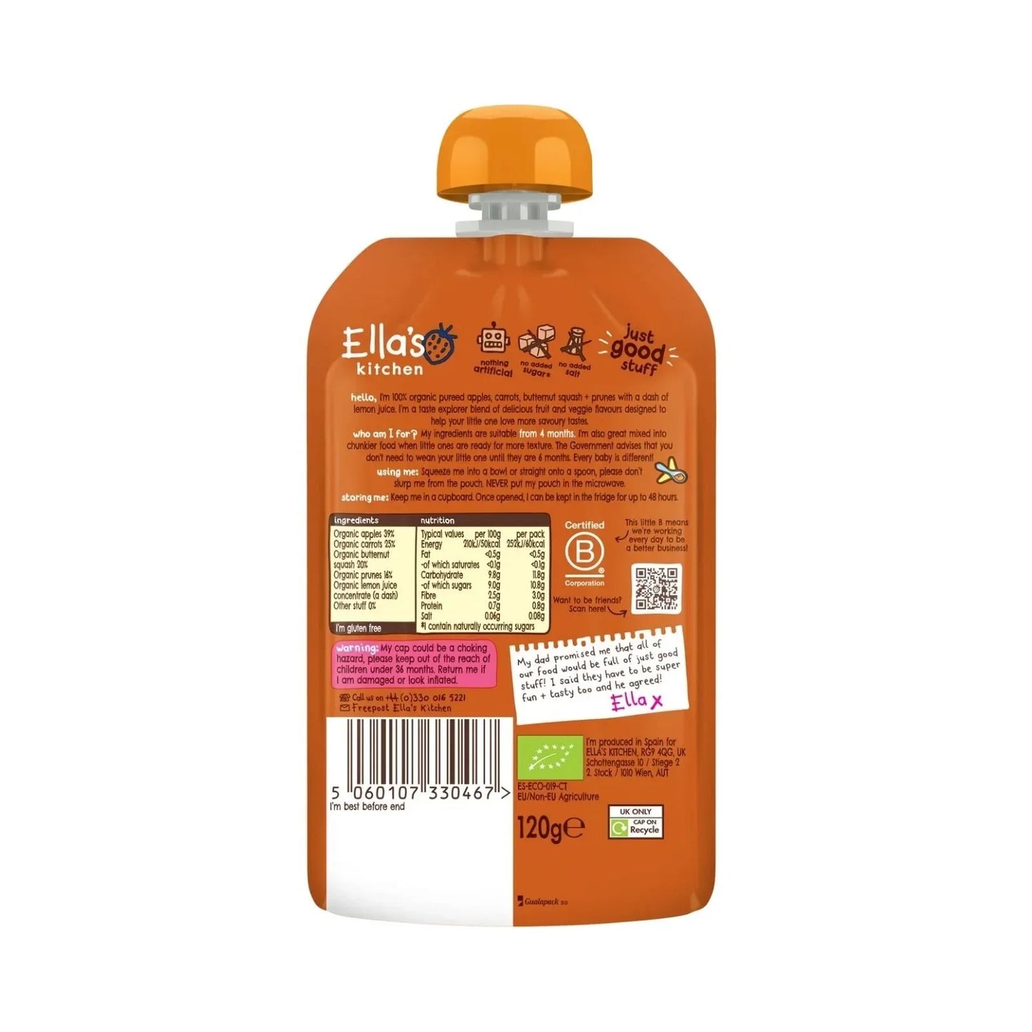 Ella's Kitchen Organic Squash Carrots Apples & Prunes Pouch 4+ months 120g