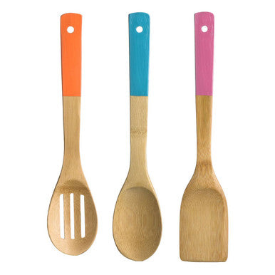 Aleki Natural Bamboo 3 Piece Utensil Set with Coloured Handles