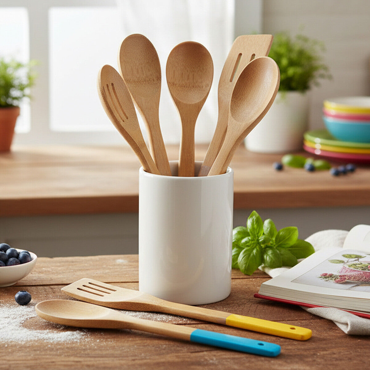5 Piece Bamboo Kitchen Utensil Set With Multi Colour Handles | Aleki