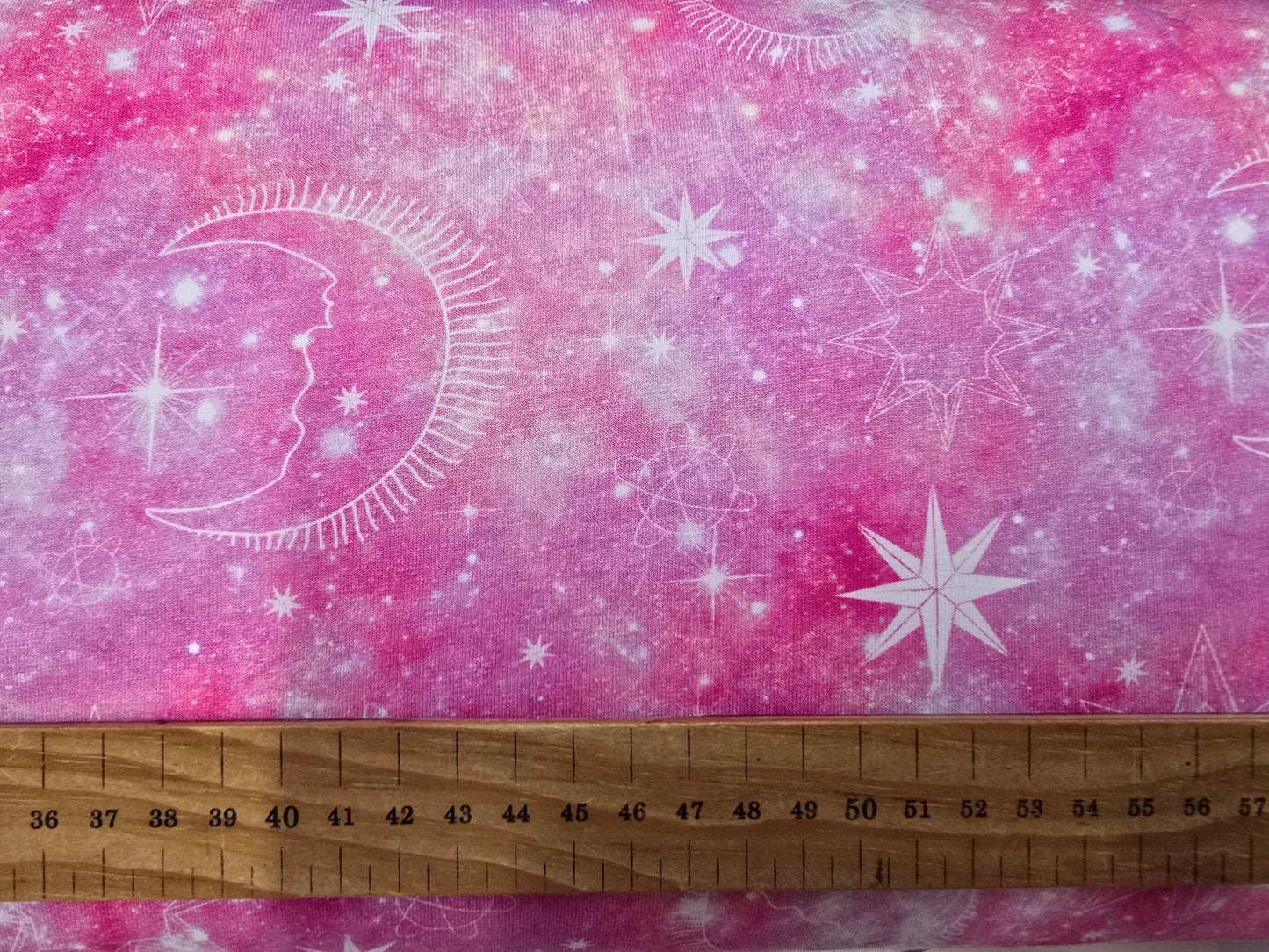 100% Cotton Jersey Galaxy Moon and Stars on Pink - 142cm Width