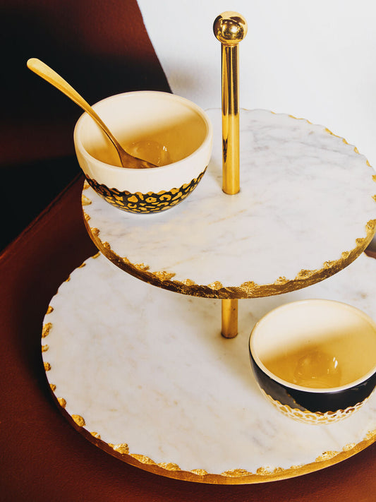 Empire 2 Tier White Marble And Gold Finish Cake Stand