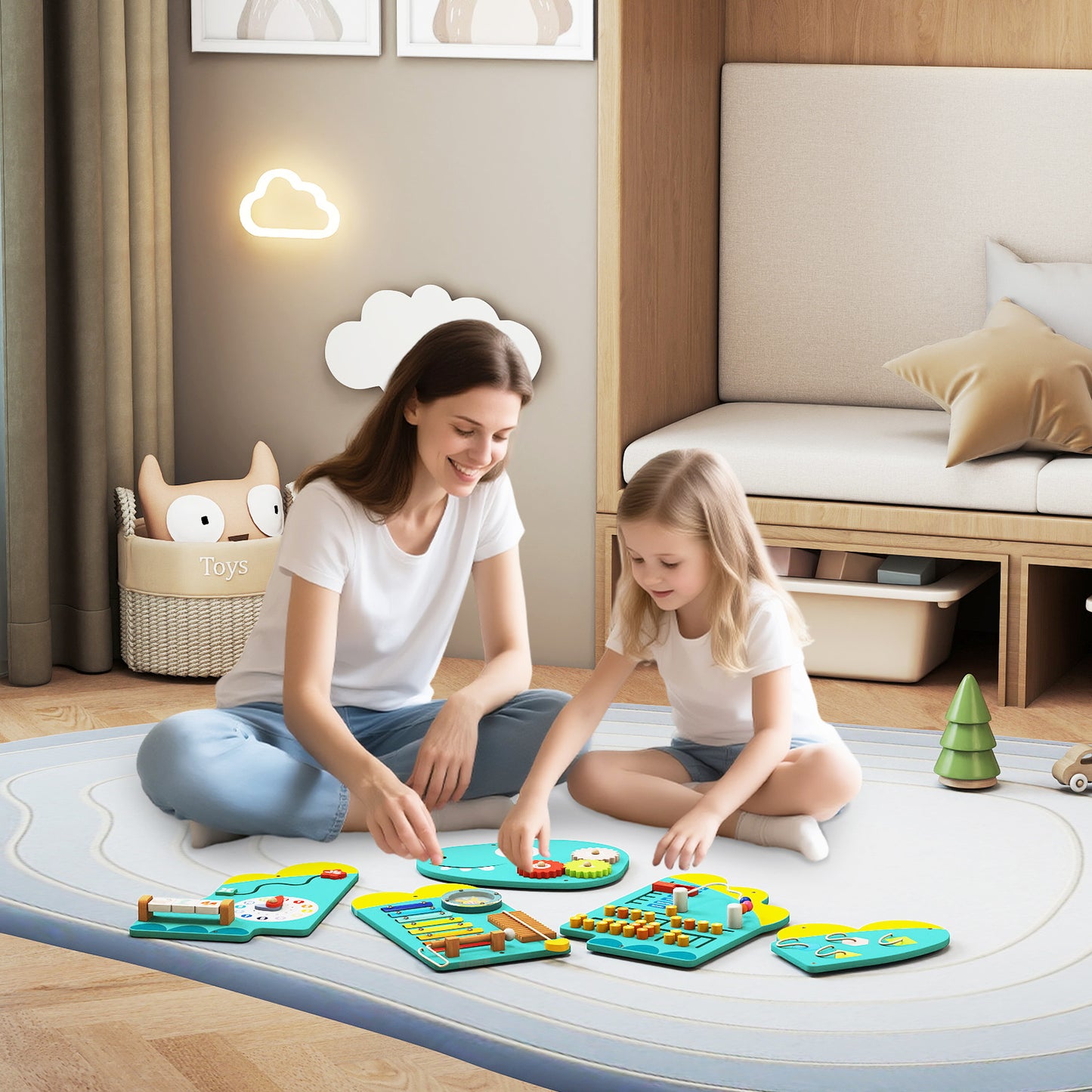 11-in-1 Dinosaur Activity Wall Busy Board Panels for Toddlers-Blue