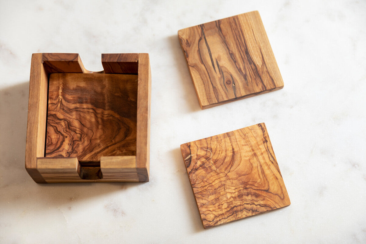 Set of 4 Olive Wood Square Coasters | Kora