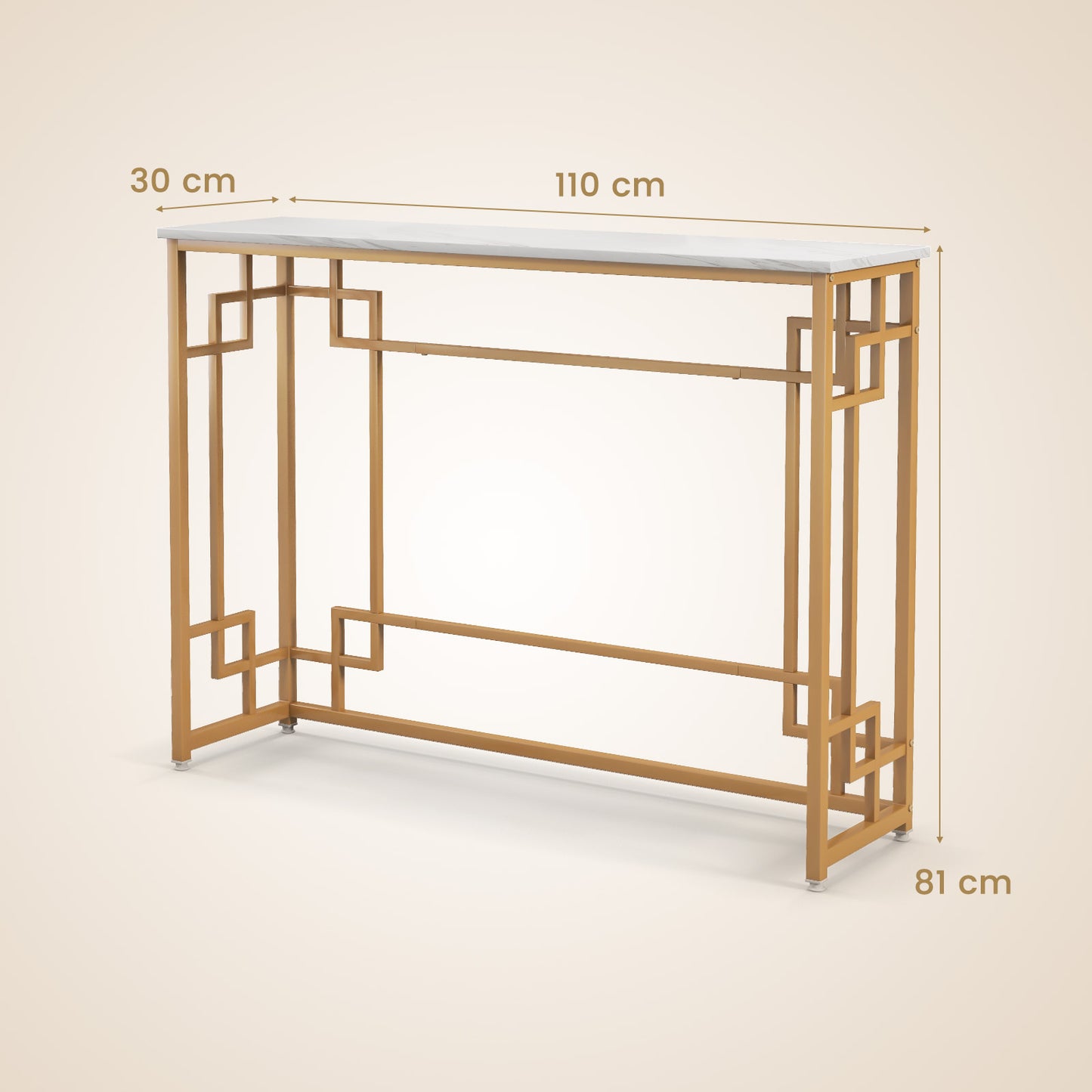 110 cm Console Table Narrow Entryway Table with Geometric Golden Frame-White & Golden