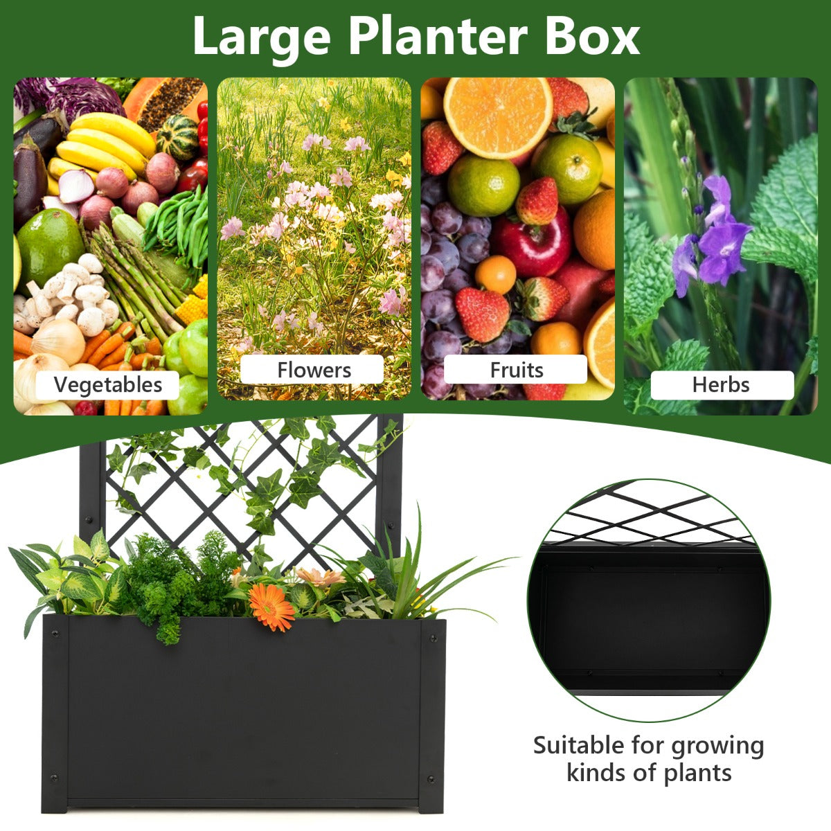 112CM Metal Planter Box with Trellis for Climbing Plants-Black