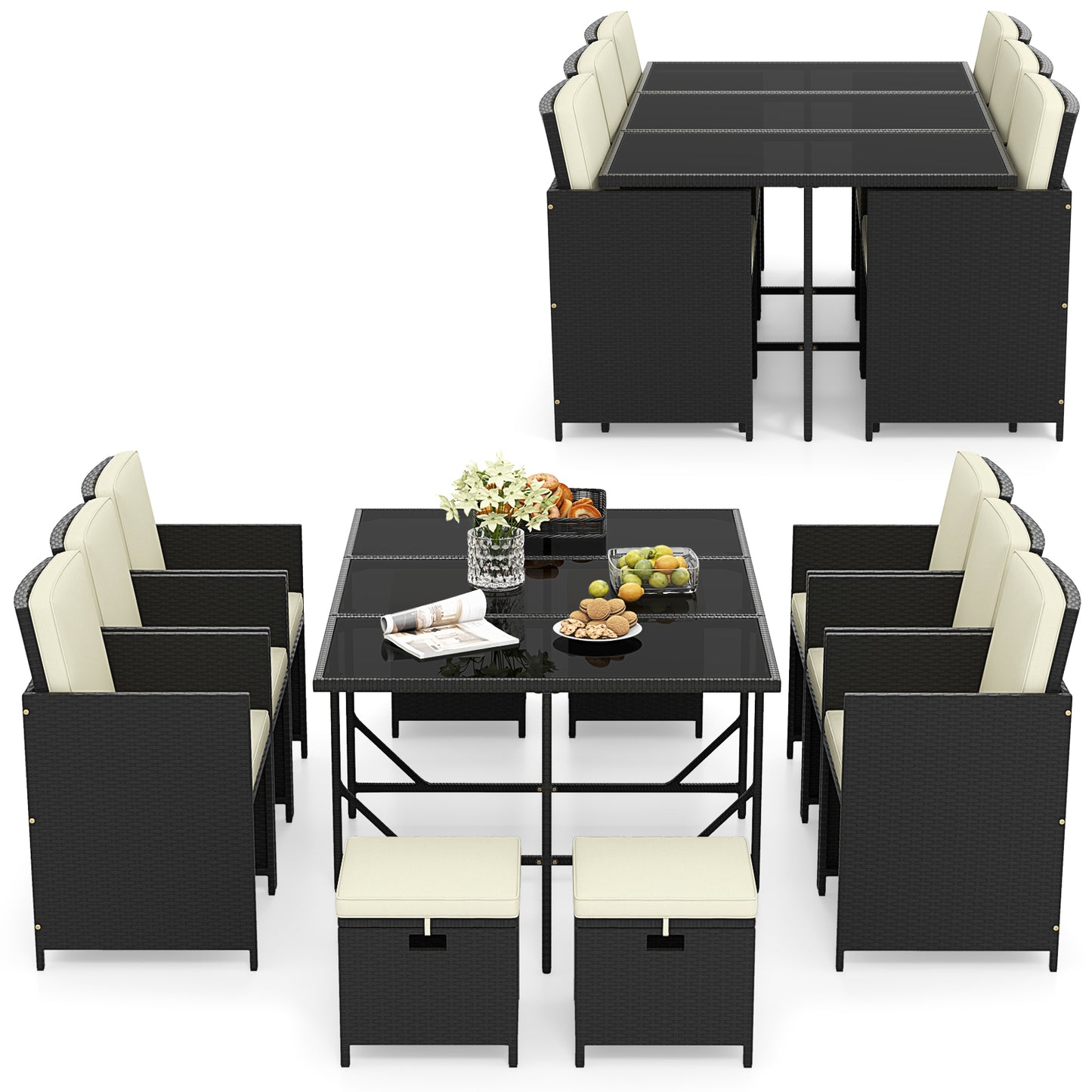11 Pieces Patio Dining Set with Ottomans for Garden Yard Poolside-Grey
