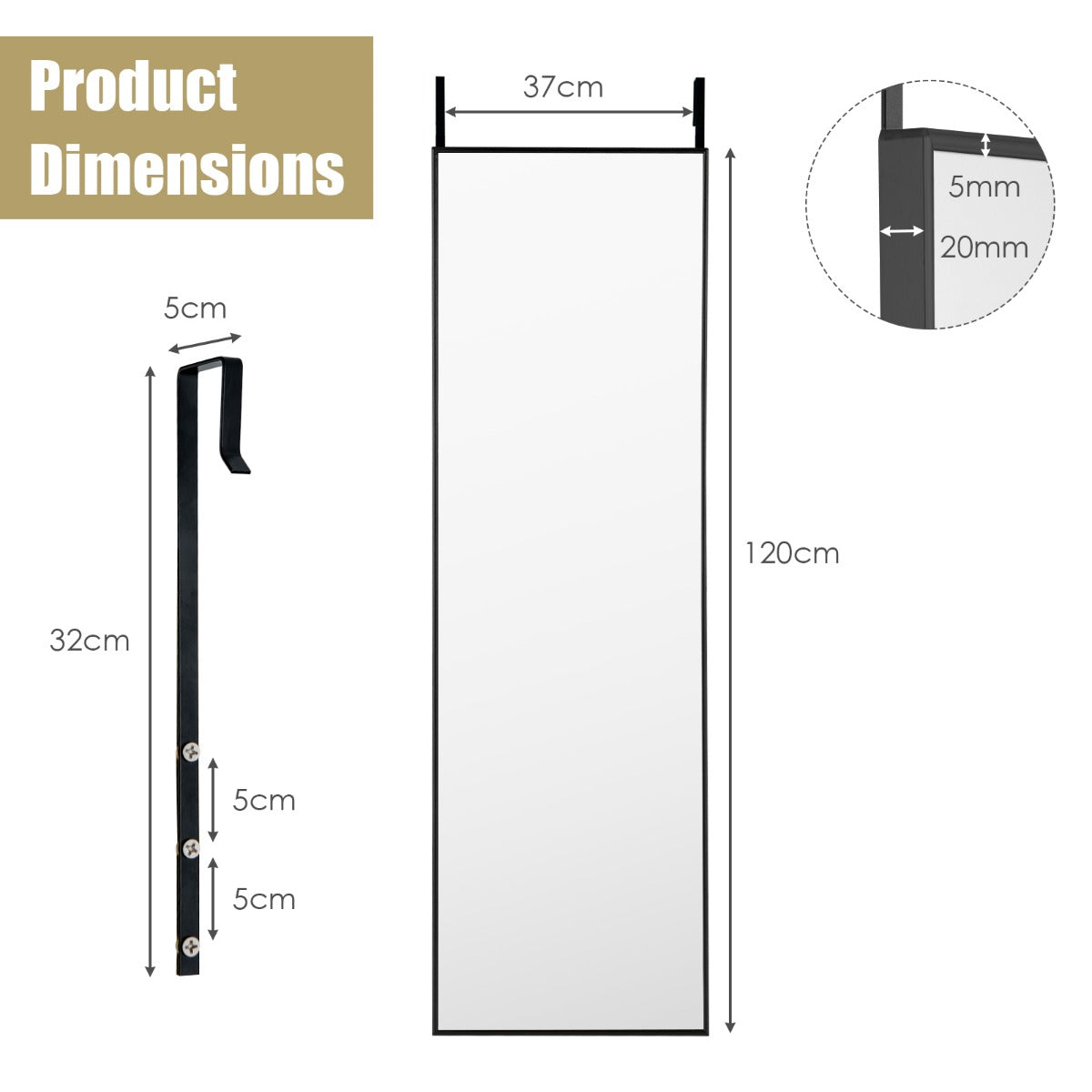 120 x 37 cm Full Length Wall Hanging Mirror with Adjustable Hook-Golden
