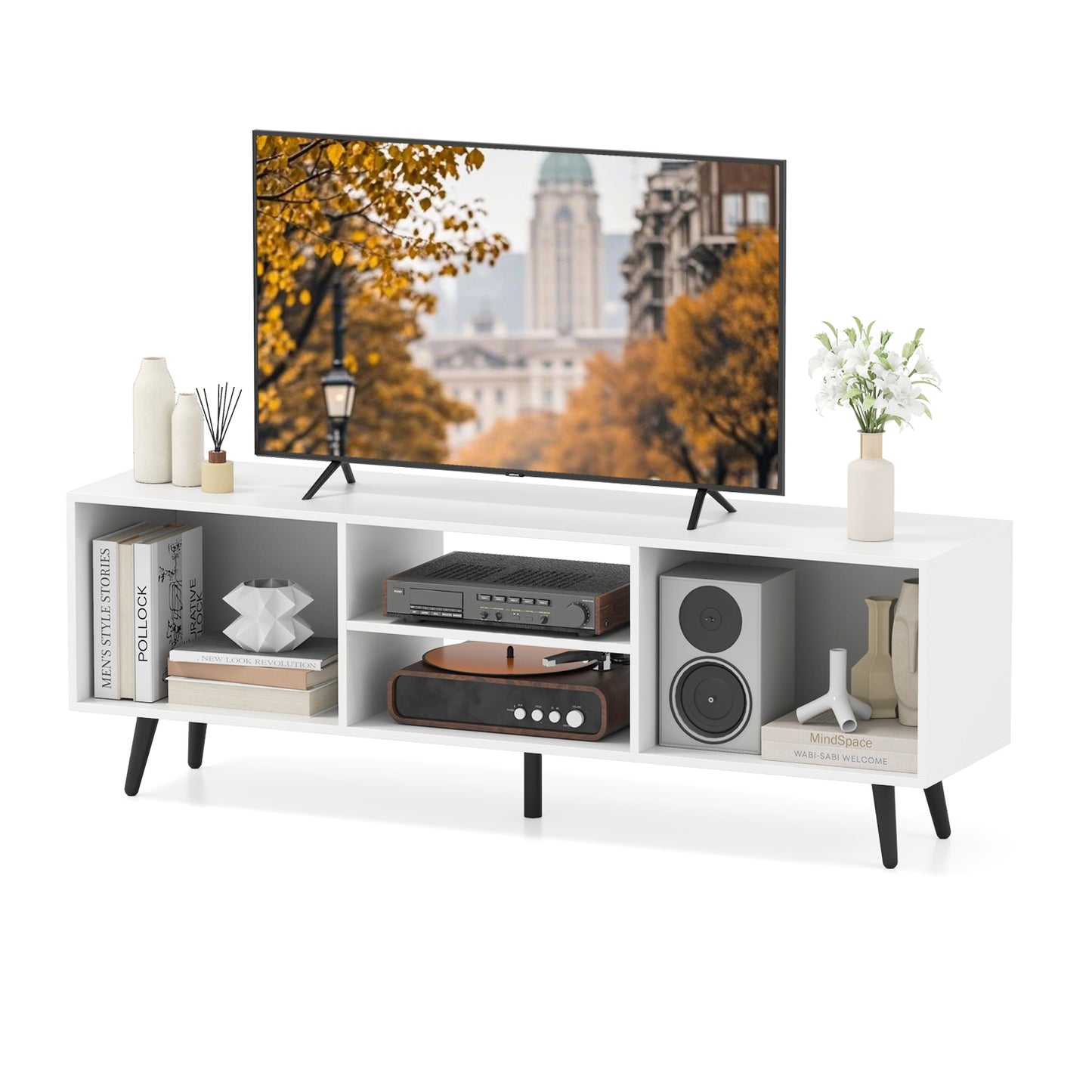 120cm Mid Century Modern TV Stand with Shelves and 5 Metal Legs-Rustic Brown