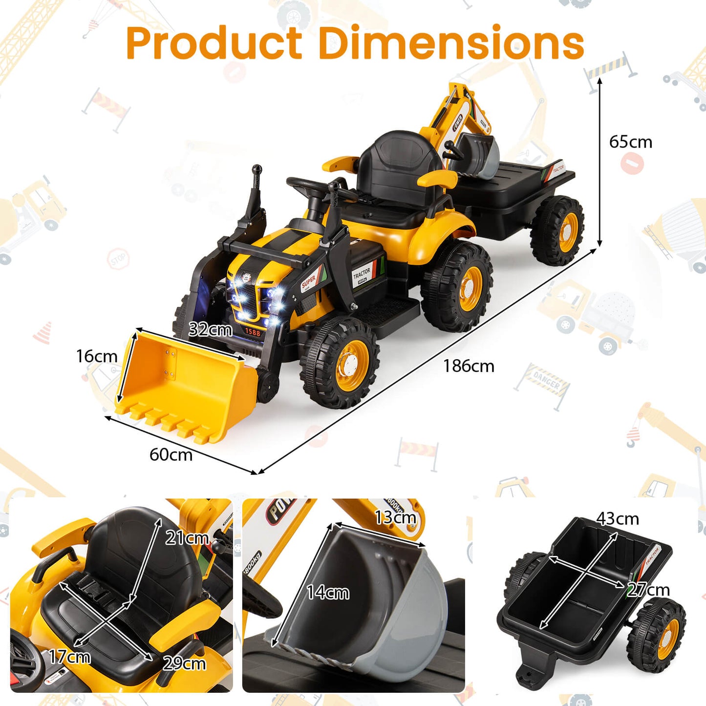 4-in-1 12V Kids Ride on Excavator and Bulldozer with Remote Control-Green