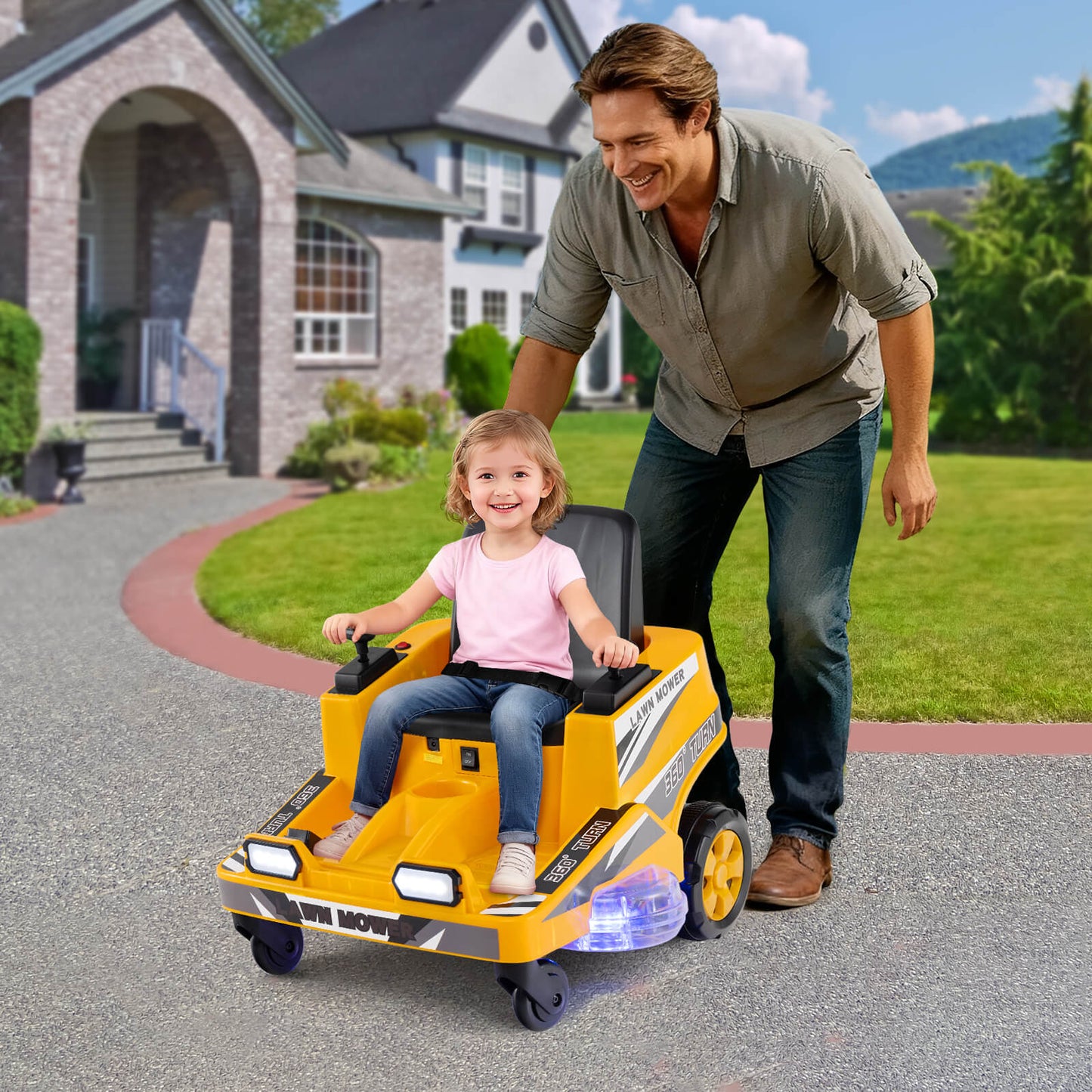 12V Ride on Lawn Mower for Kids with Dual Control Sticks and LED Lights-Green