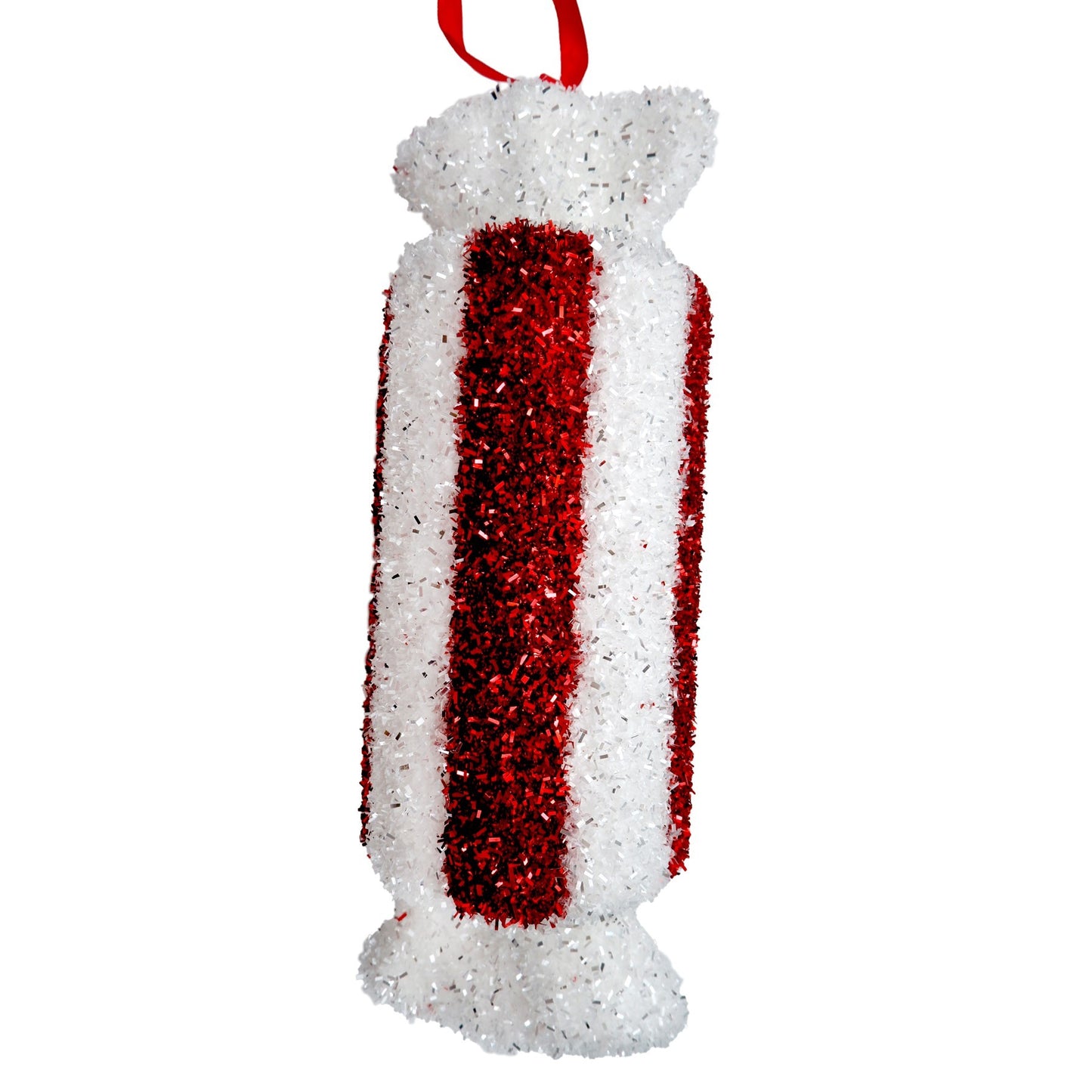 Red & White Tinsel Glitter Striped Rectangular Hanging Decoration (29cm)