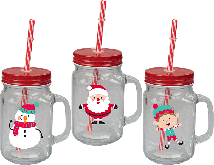 Christmas Mason Jar & Straw (Assorted)