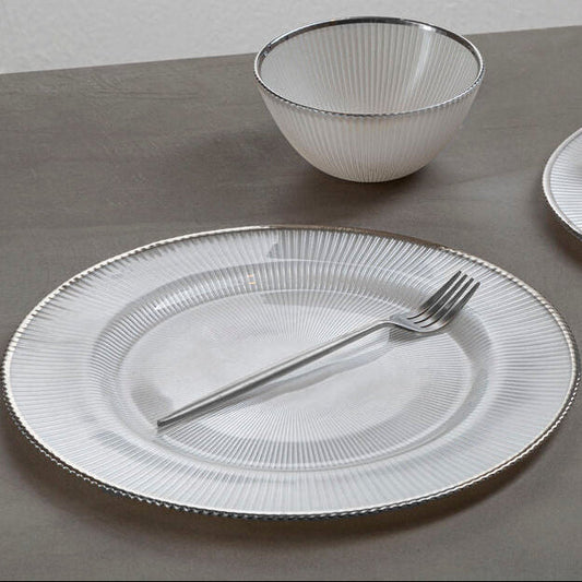 Ida White Embossed Glass Dinner Plate with Silver Rim
