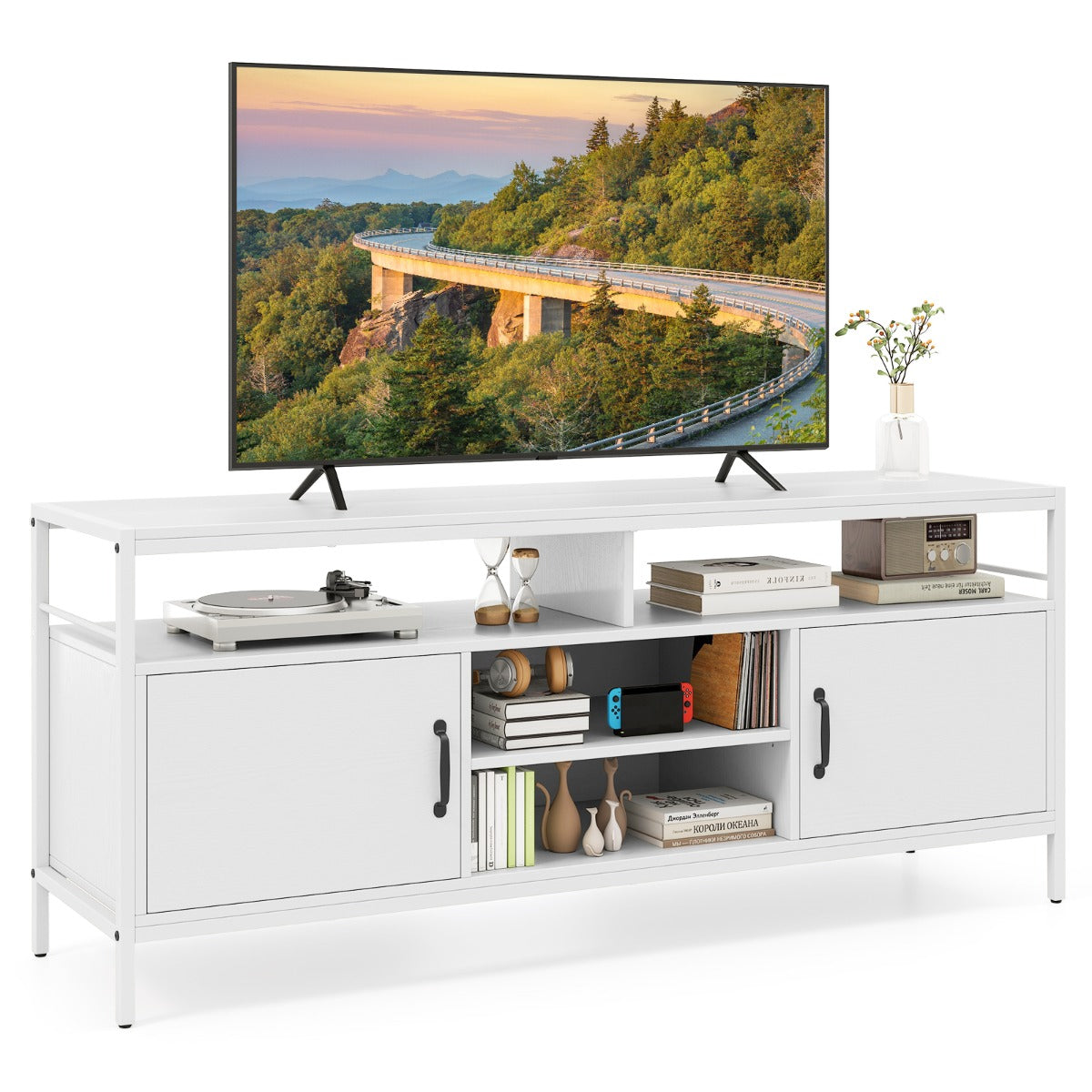 147 cm Industrial TV Stand with Adjustable Shelf for TVs up to 65"-Rustic Brown