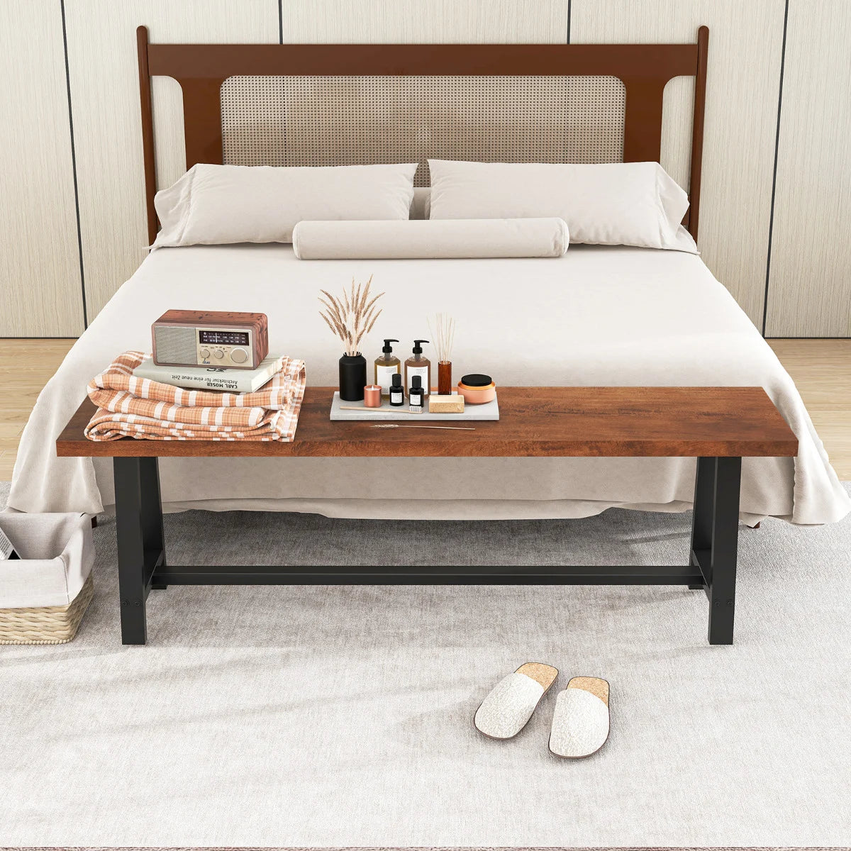 153CM Entryway Shoe Bench 3 Person with Metal Frame-Walnut