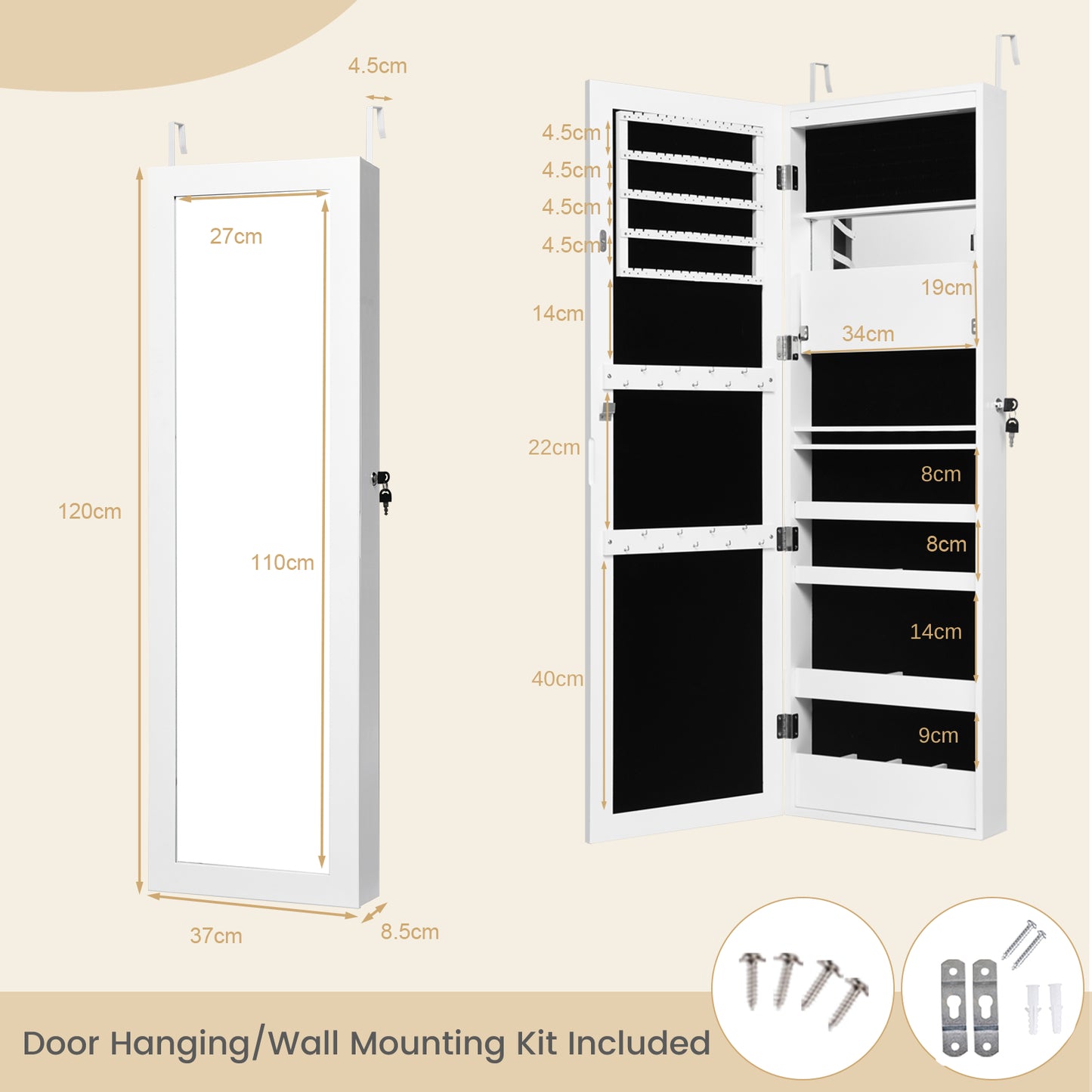 120cm Full Length Lockable Mirror Jewelry Cabinet with 15 LEDs-Black