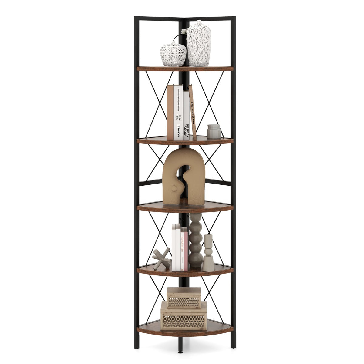 160 CM 5 tier Corner Bookshelf with Metal Frame X-shaped Brackets-Oak