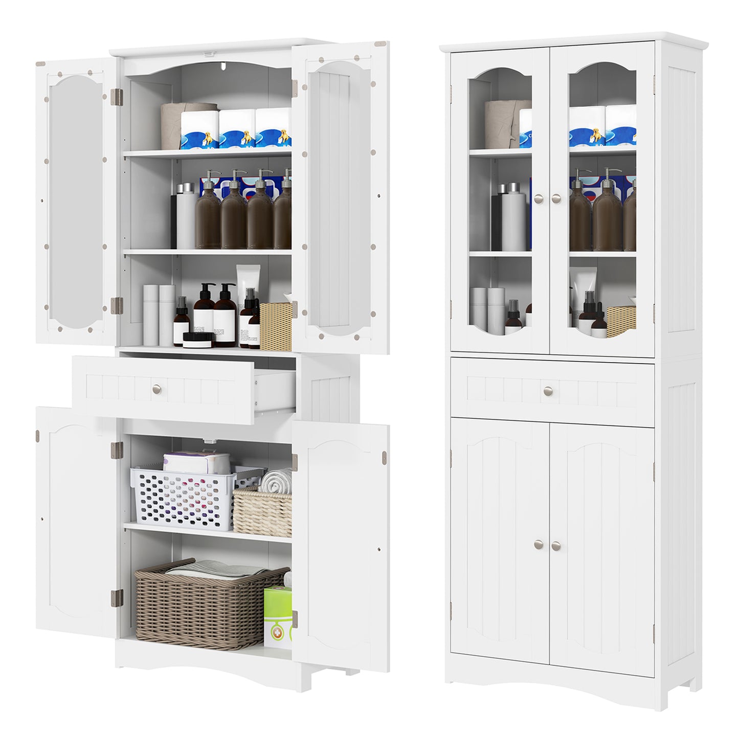 160cm Freestanding Linen Tall Bathroom Storage Cabinet with 2 Glass Doors-Black