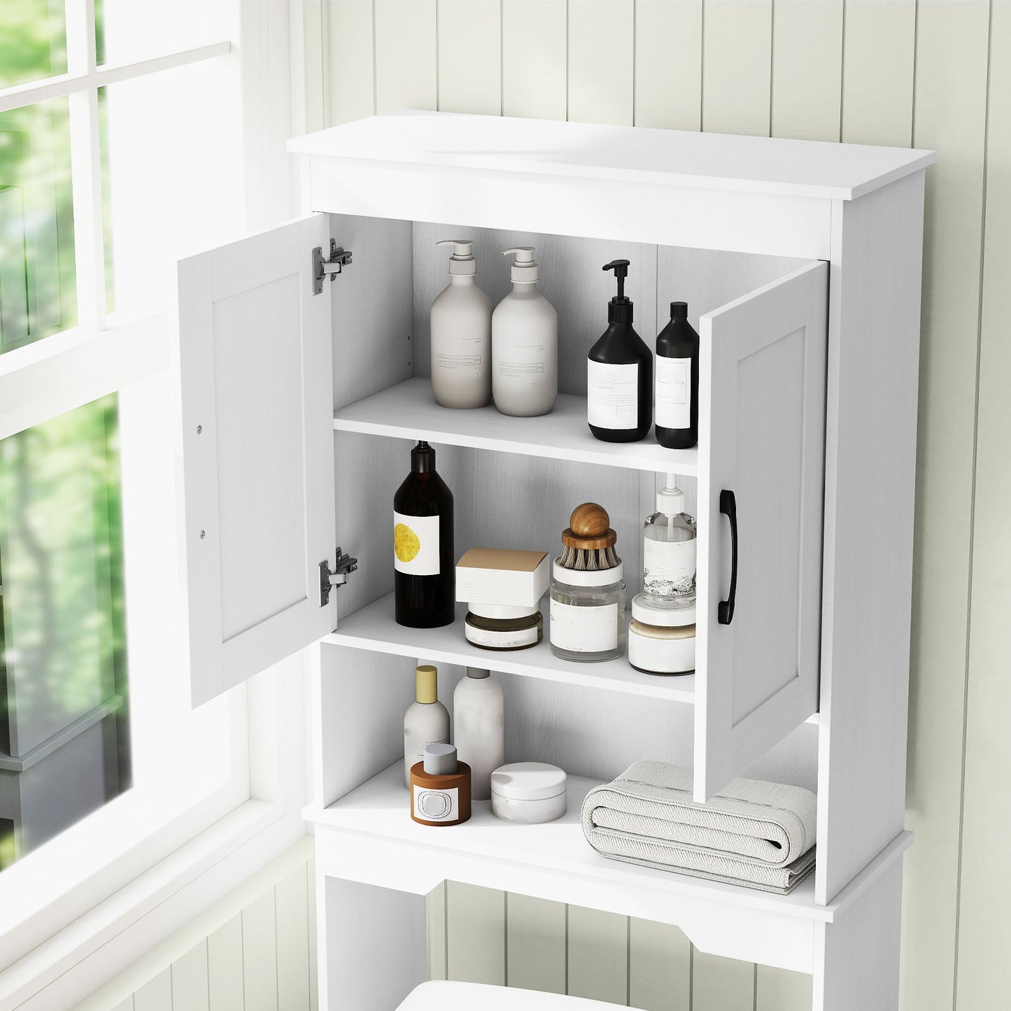 168 CM Over The Toilet Storage Cabinet with 2 Doors and Adjustable Shelf-Rustic Brown