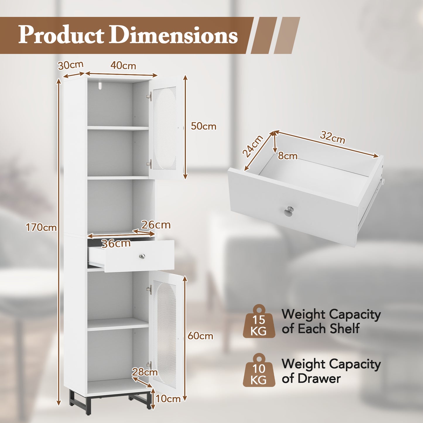 170cm Tall Bathroom Cabinet with 2 Doors and Open Compartment-Natural