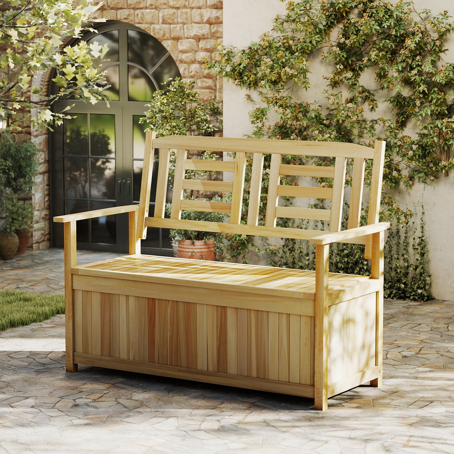 185L Patio Storage Bench Solid Wood Storage Loveseat with Backrest and Armrests-White
