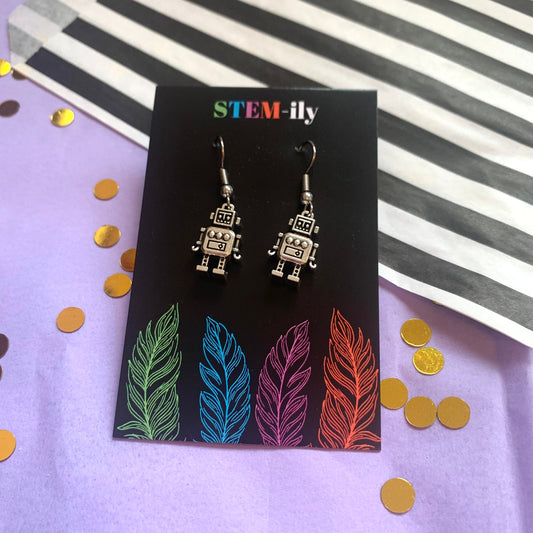 Silver robot drop dangle earrings on hypoallergenic surgical steel hooks