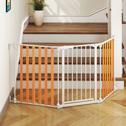 195 CM Extra Wide Configurable Baby Gate 3-Panel Indoor Wood Metal Pet Gate-Natural&White