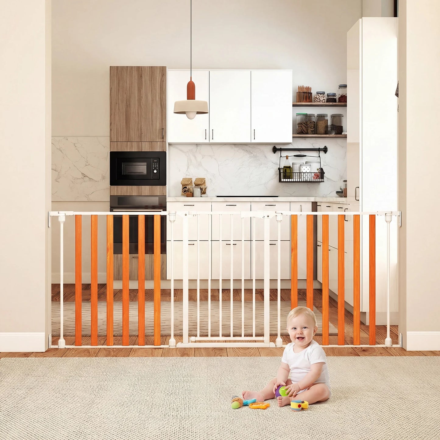 195 CM Extra Wide Configurable Baby Gate 3-Panel Indoor Wood Metal Pet Gate-Natural&White