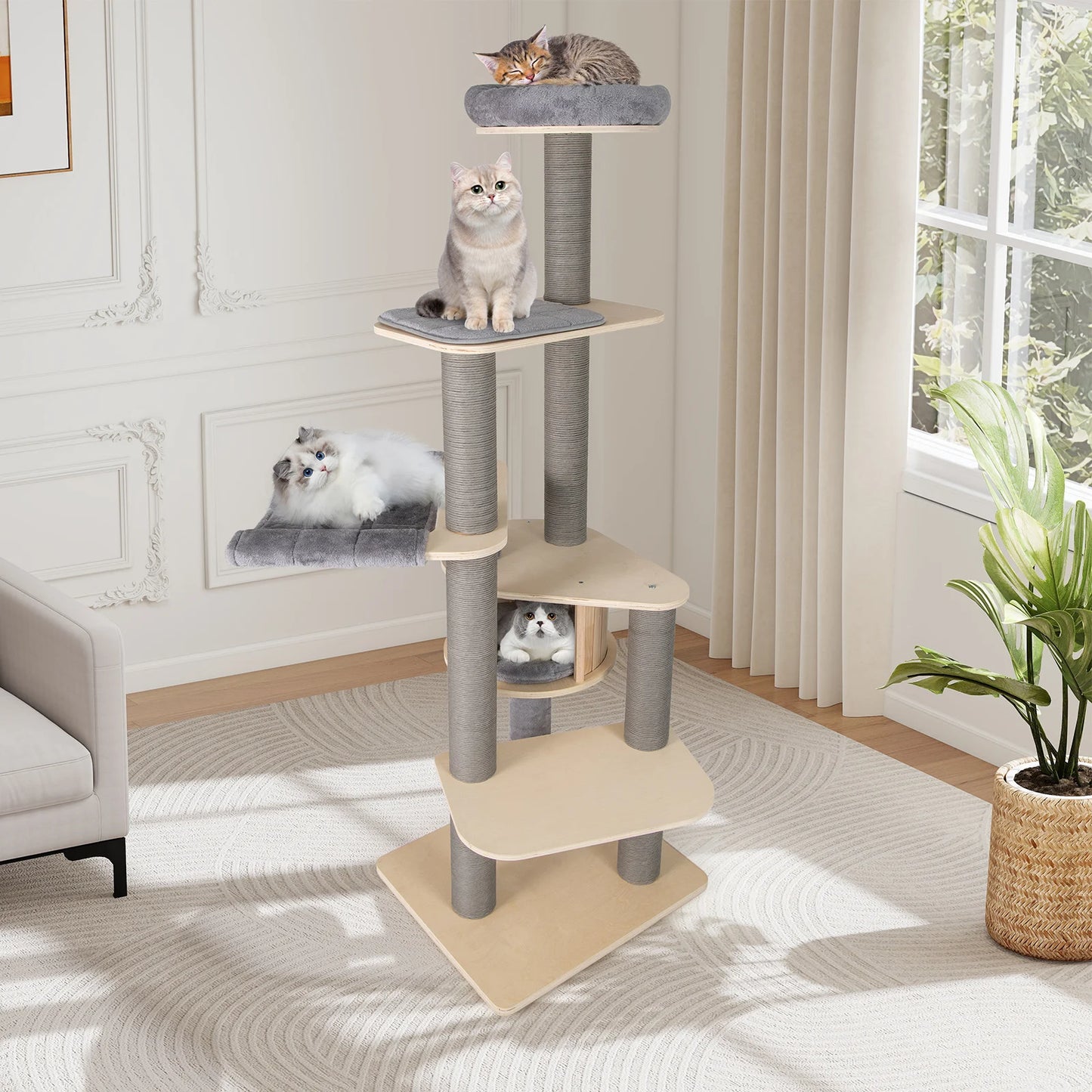 197 CM Tall Cat Tree with Comfy Padded Top Perch-Grey