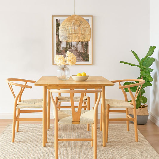 5pc 90cm Square Beige Wooden Table & Beige Wishbone Chair Dining Set