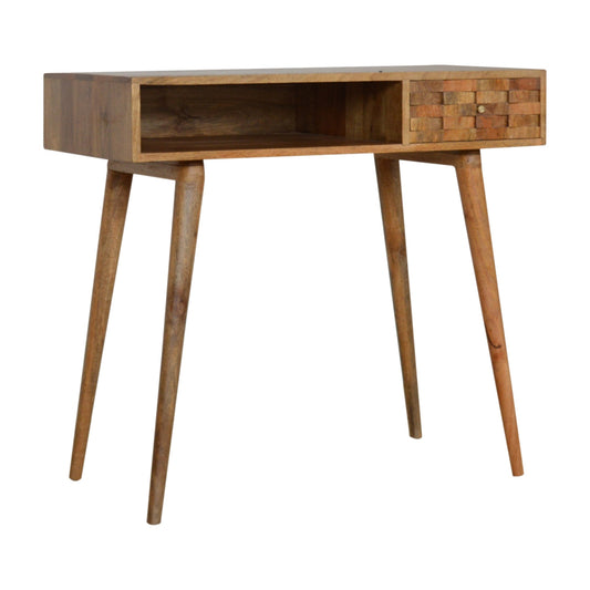 Tile Carved Open Slot Writing Desk | Oak Solid Mango Wood Hand-Carved