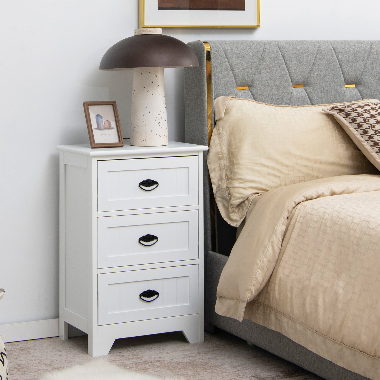 2 Pack Vintage 3-Tier Nightstand with Exquisite Metal Handles-Black