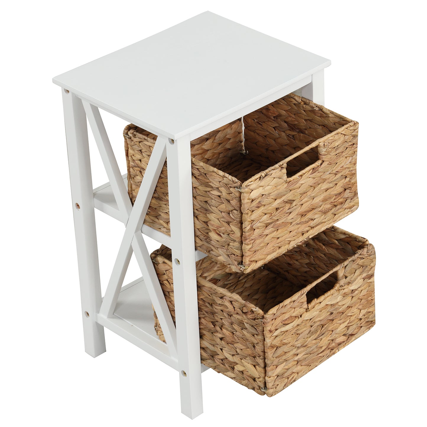 Sofa Side Table with Seagrass Baskets and Rubber Wood X-Shaped Frames and Acacia Wood Legs-Rustic Brown-2-Tier