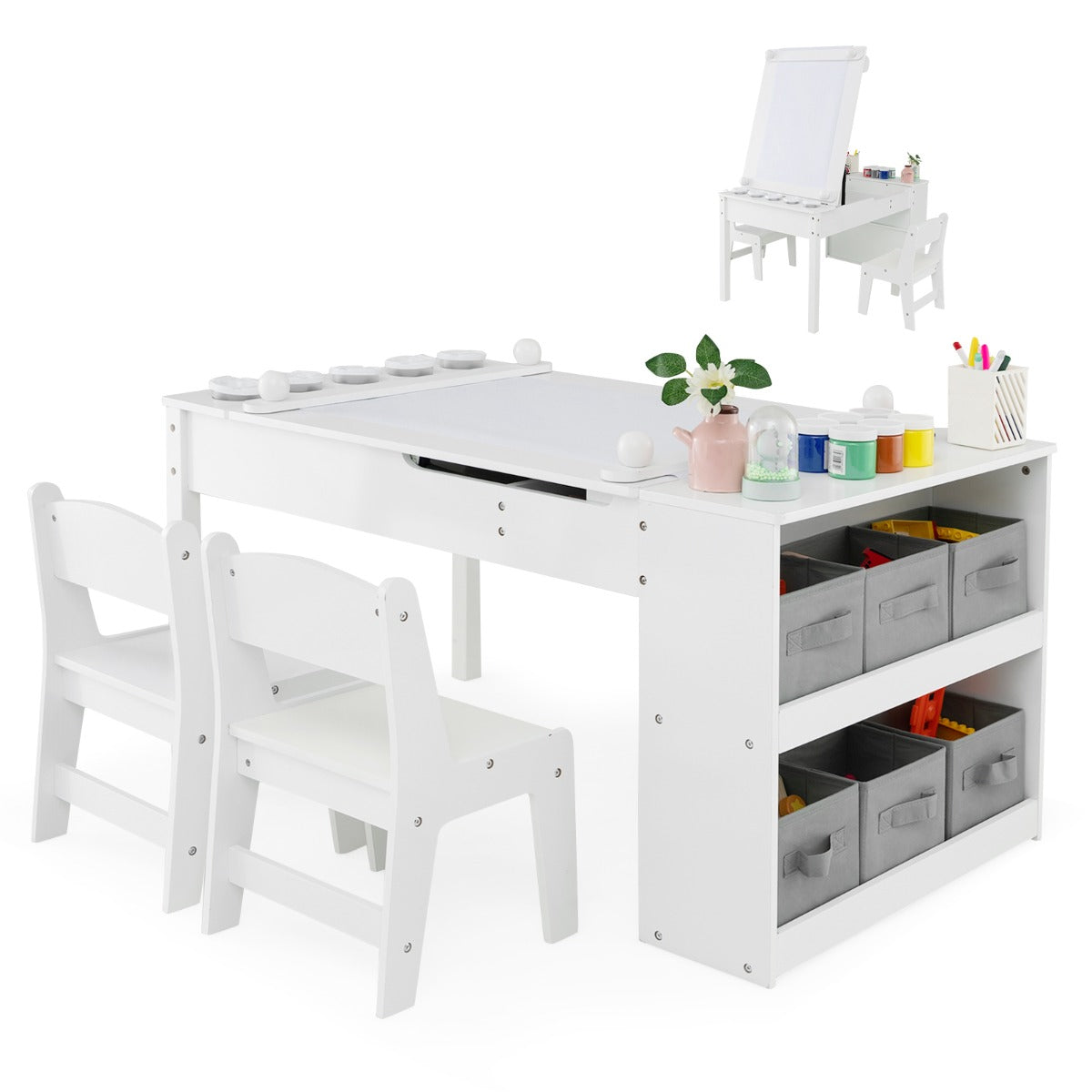 2-in-1 Kids Art Table and Art Easel Set with Chairs-Grey