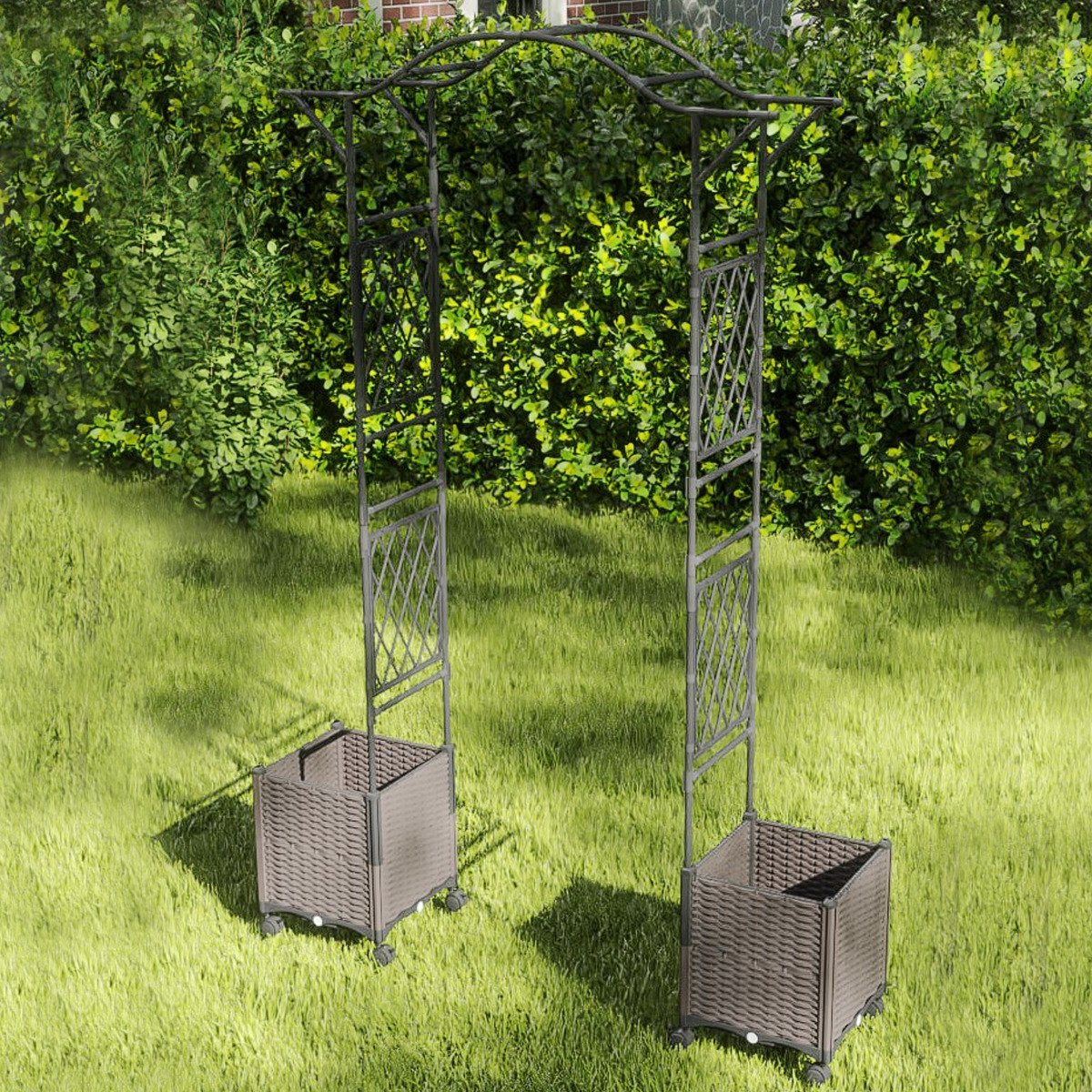 207 x 250 cm Garden Arch Trellis with 2 Self-Watering Planter Boxes-Black