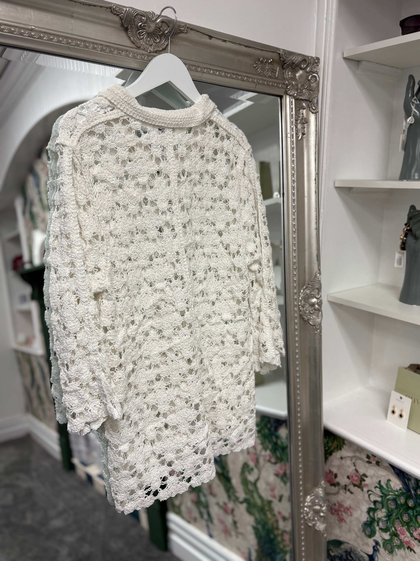 Luxtyle Flower Crochet Shirt | Sheer Lace Button Blouse | One Size Fits 8–14/16
