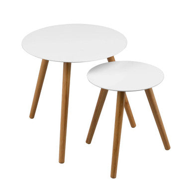 White High Gloss Round Top Nest of 2 Tables with Natural Wood Legs, Nostra