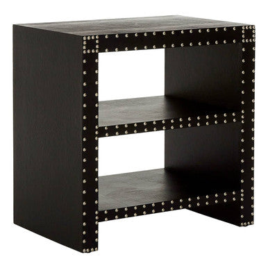 Black Wood 2 Shelves Side Table with Covered in Black Leather Effect, Sloane