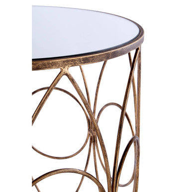 Set of 2 Antique Finish Frame Side Tables with Round Mirrored Top, Avantis