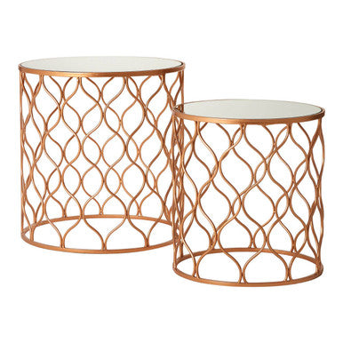 Avantis Copper Finish Set of 2 Round Side Tables with Arabesque Design
