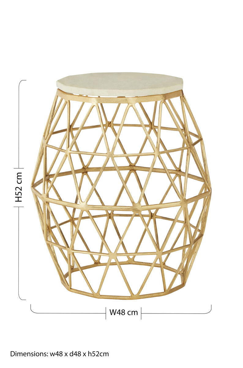 White Marble Top Side Table with Geometric Gold Finish Stone Frame | Templar