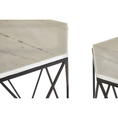 White Marble Top and Black Metal Frame Set of 2 Hexagonal Side Tables, Arcana