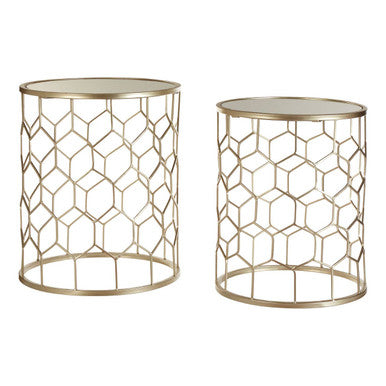 Arcana Champagne Finish Set of 2 Side Tables with Honeycomb Design