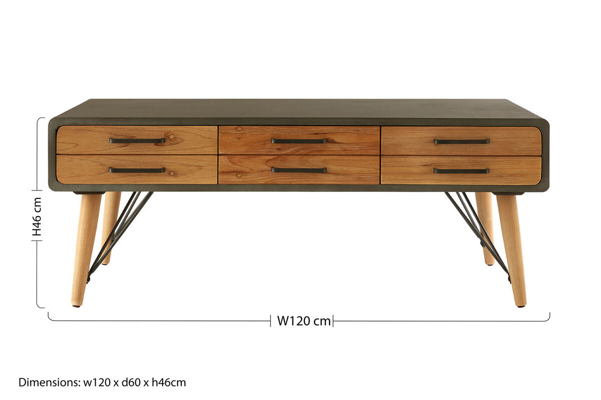Grey Steel Frame and Natural Wooden Coffee Table with Six Drawers, Trinity