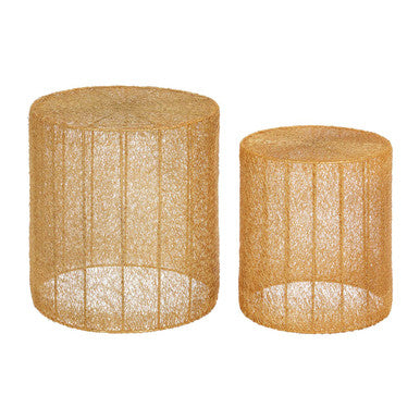 Set of 2 Gold Finish Open Weave Mesh Round Side Tables, Templar