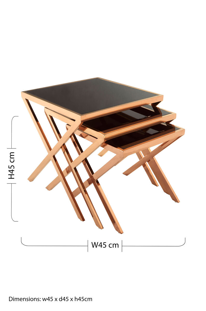 Ackley Rose Gold Set Of 3 Nesting Tables With Black Glass