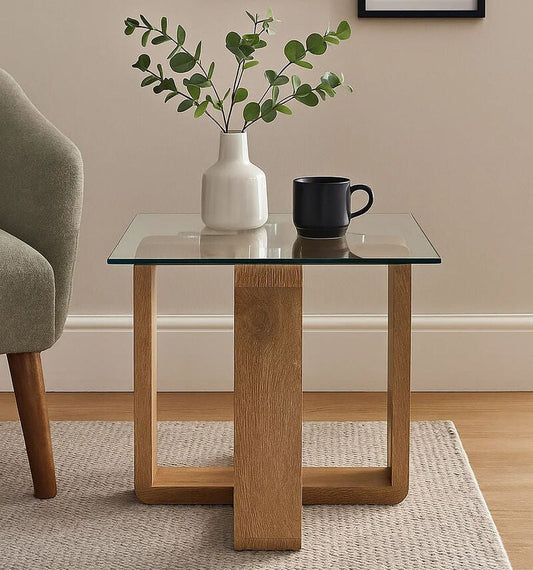 Barton Glass Side Table with Wood Effect Legs