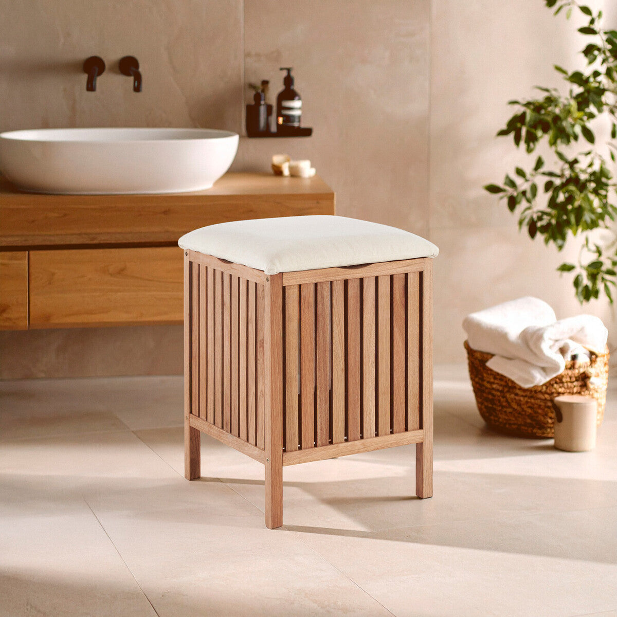 Walnut Natural Wood Storage Stool with Slatted Seat